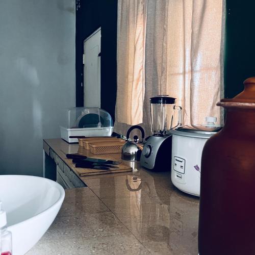 a counter top with a blender and other appliances on it at Ceylon Airport Apartment in Raddoluwa