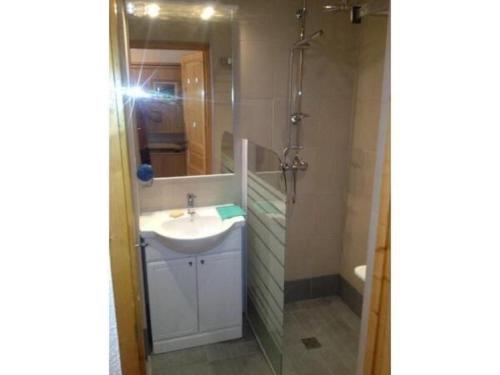 a bathroom with a sink and a shower with a mirror at Apartment Clos du Savoy in Chamonix-Mont-Blanc