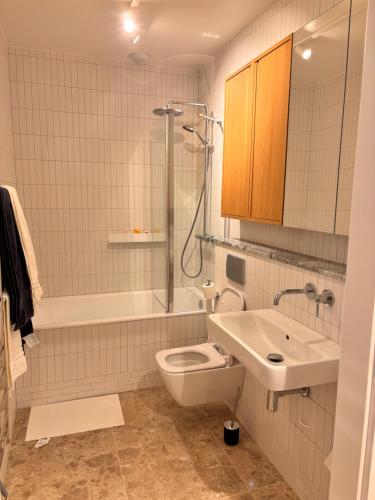 a bathroom with a toilet and a sink and a shower at Przystań NADOLE- APARTAMENT in Nadole