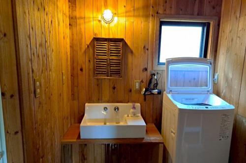 a bathroom with a sink and a washing machine at コテージフラミンゴ in Futtsu