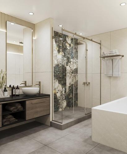 a bathroom with a shower and a sink and a tub at Donatello Premium Almaty in Almaty