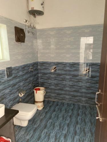 a bathroom with a toilet and dolphins on the wall at Hotel Grand Eagle Group in Jaipur