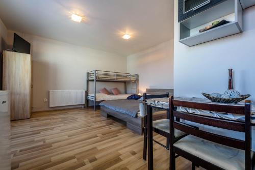 a bedroom with a bunk bed and a wooden floor at Central House in Štúrovo