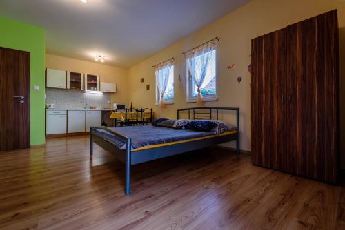 a bedroom with a bed and a kitchen in it at Apartmán Bonita in Štúrovo