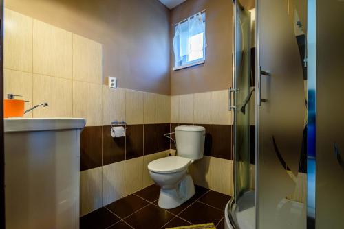 een badkamer met een toilet, een wastafel en een douche bij Ubytovanie Bonita in Štúrovo
