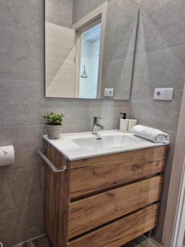a bathroom with a sink and a mirror at Pinedo Playa Holiday 2 in Valencia