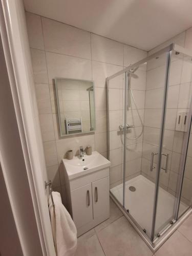 a bathroom with a shower and a sink and a mirror at Cliff Top Accommodation in Spanish Point