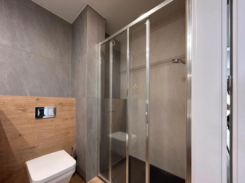 a bathroom with a toilet and a glass shower at Posesja Kapitańska Apartament 18B 17 przy plaży in Grzybowo