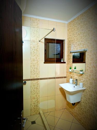 a bathroom with a sink and a shower at "Бадевски рай" Къща за гости ВЯРА in Elena