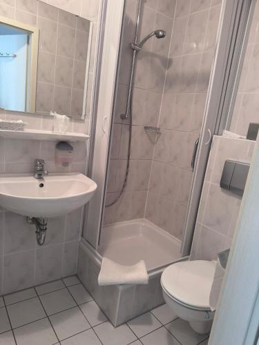 a bathroom with a shower and a sink and a toilet at Hotel Torgauer Brauhof in Torgau