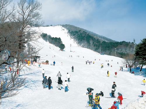 a group of people skiing down a snow covered slope at Hotel Green Palace in Sendai