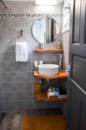 a bathroom with a sink and a mirror at La kaz a sonel, gîte au vert in Morne-à-lʼEau