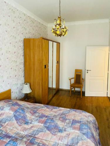 a bedroom with a bed and a chandelier at Residenz Emilia in Mariánské Lázně
