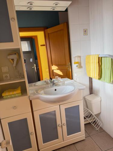 a bathroom with a sink and a toilet at Auberge Restaurant La Roseraie in Grandrupt