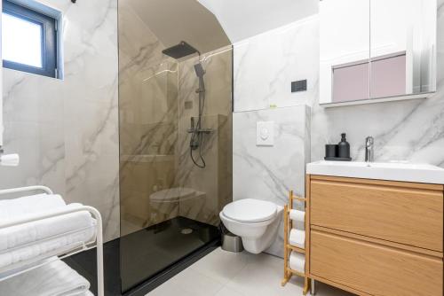 ein Badezimmer mit Dusche, Toilette und Waschbecken in der Unterkunft Sky Nest Chalets in Buşteni