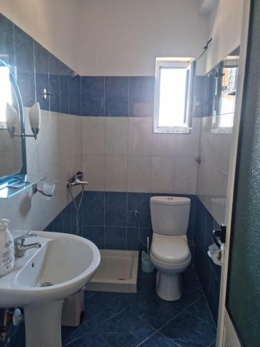 a bathroom with a white toilet and a sink at Alban Apartament in Lukovë