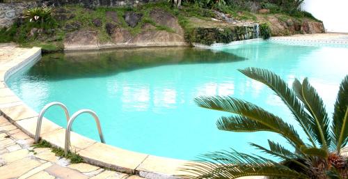 a pool of blue water with a palm tree in it at Guarapousada in Guarapari