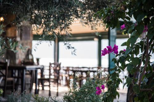 a room with tables and chairs and purple flowers at Agrilia Koromili Retreat in Paralia Livadostratas