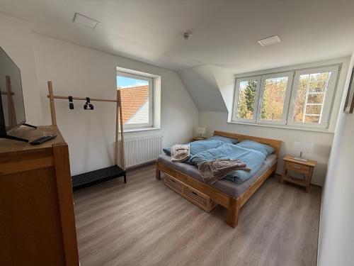 a bedroom with a bed and two windows at Ferienhaus Hirschi in Eisenach