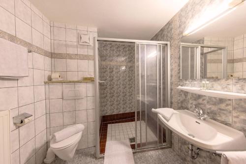 a bathroom with a shower and a sink and a toilet at Pension Mayerhofer in Piesendorf