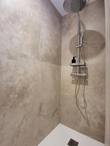 a bathroom with a shower with a shower head at Domaine des Granges in La Bâtie-Montgascon