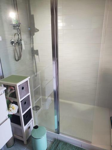 a shower with a glass door in a bathroom at " Chez NADOU " 2 Chambres d' Hôtes dans maison indépendante à 4 Kms d'Uzès in Arpaillargues-et-Aureillac