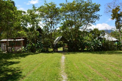 a field of grass with a path in the middle at Casa de Piedra in Mindo