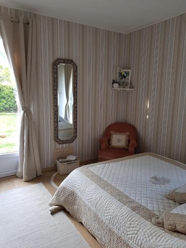 a bedroom with a large bed and a mirror at " Chez NADOU " 2 Chambres d' Hôtes dans maison indépendante à 4 Kms d'Uzès in Arpaillargues-et-Aureillac