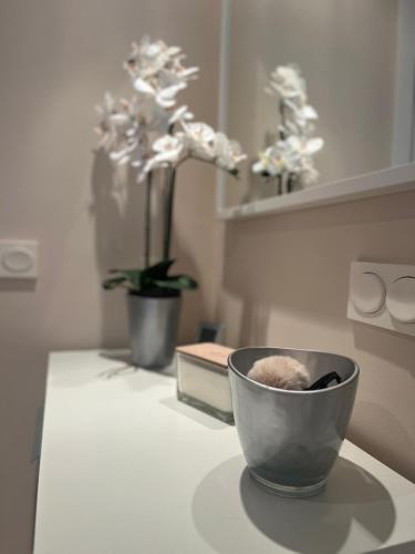 a bowl on top of a counter with a plant at Best Vistamar Sea View in Torrox Costa