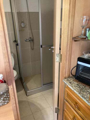 a shower with a glass door in a bathroom at Complejo Orejano in Mercedes