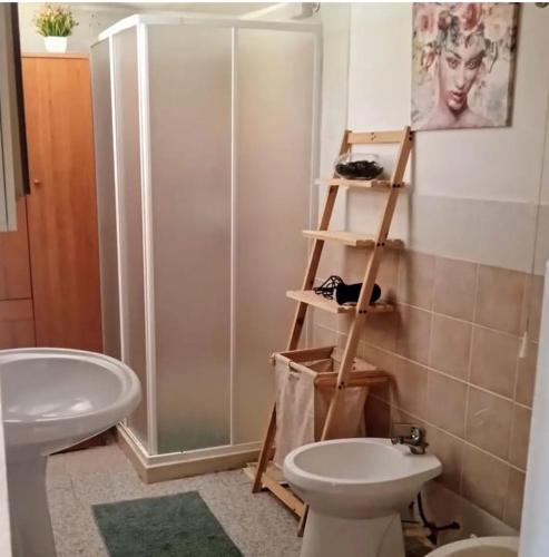 a bathroom with a shower and a toilet and a sink at B&B Romy House in Pianopoli