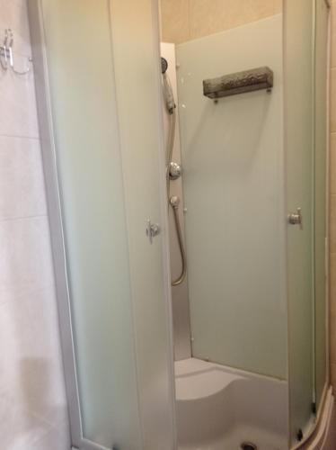 a shower with a glass door in a bathroom at Zakarpatska Kolyba in Odesa