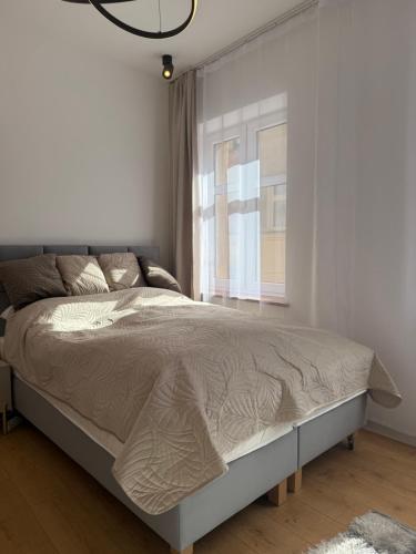 a bedroom with a large bed with a window at Odpocznij w Centrum in Wałbrzych