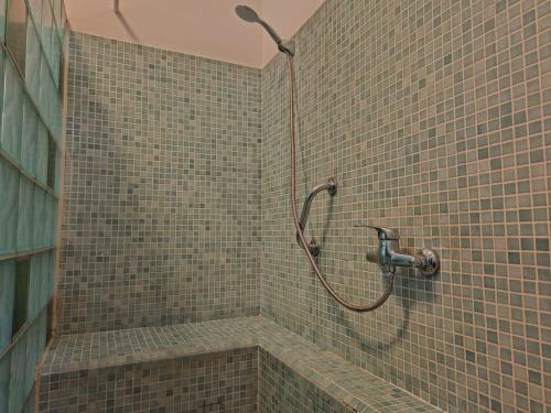 a shower in a bathroom with a tiled wall at Villa La Drianké in Dakar