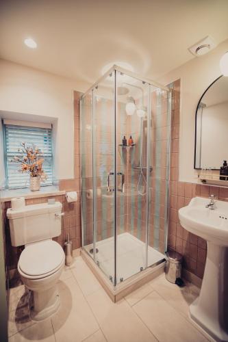 a bathroom with a shower and a toilet and a sink at The Fountaine Inn in Linton