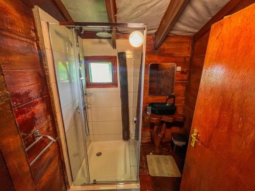 a shower with a glass door in a bathroom at Zambeze Lodge in Marracuene