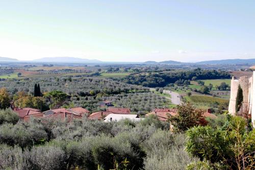 a view of a town from a hill with a castle at Locanda Delle Mura Anna De Croy in Magliano in Toscana