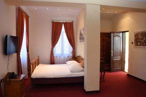 1 dormitorio con 1 cama y TV en una habitación en Guest House Vila Lujza en Palić
