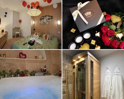 a collage of four pictures of a room at La Suite Balinaise in Quimper