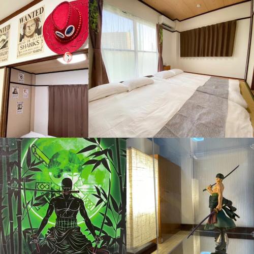 two pictures of a room with a bed and a man with a gun at 301 Grand Maison konohana 予約制駐車場,USJや海遊館に最適,駅から徒歩6分 in Osaka