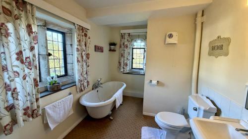 a bathroom with a tub and a toilet and a sink at Bickleigh Castle - A Majestic Devon Estate for Exclusive Gatherings in Winkleigh