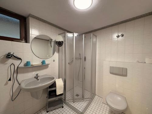 a bathroom with a shower and a sink and a toilet at Hotel Rebstock in Rust