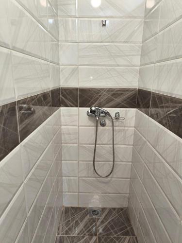 a bathroom with a shower with white tiles at Hostel Mojan in Andrijevica