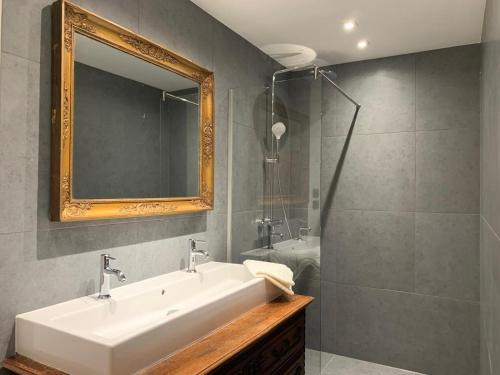 a bathroom with a sink and a mirror and a shower at Les Confidences de Messire Sanglier, stylished guest houses in Beauraing