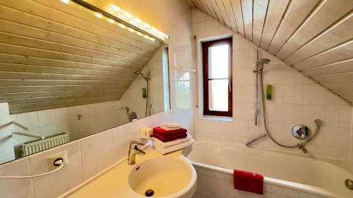 a bathroom with a sink and a toilet and a tub at Hotel und Gutsgaststätte Rappenhof in Weinsberg