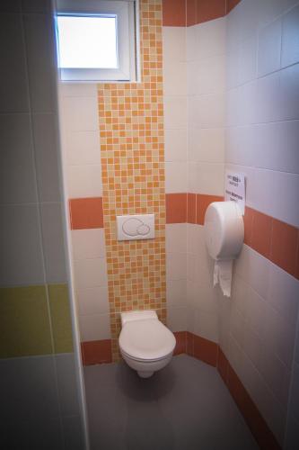 a small bathroom with a toilet and a window at Sarca Lodge Val Rendena in Dare