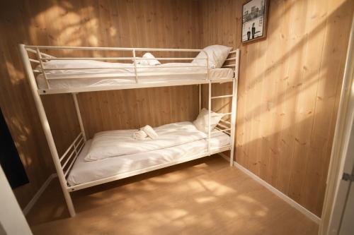 a couple of bunk beds in a room at Finnvika panorama Cabin 2 in Vestvågøya