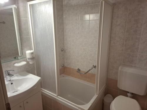 a bathroom with a shower and a toilet and a sink at Hotel Villa Letan in Fažana