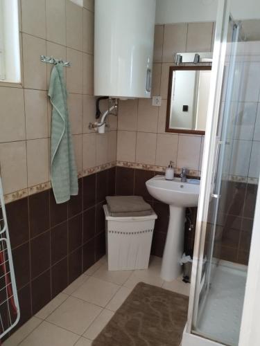 a bathroom with a sink and a toilet and a mirror at Fótos Vendégház in Tiszaderzs