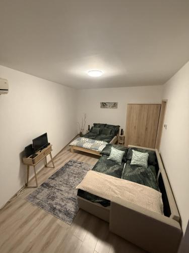 a bedroom with two beds and a desk in it at GINGER apartman in Hajdúszoboszló